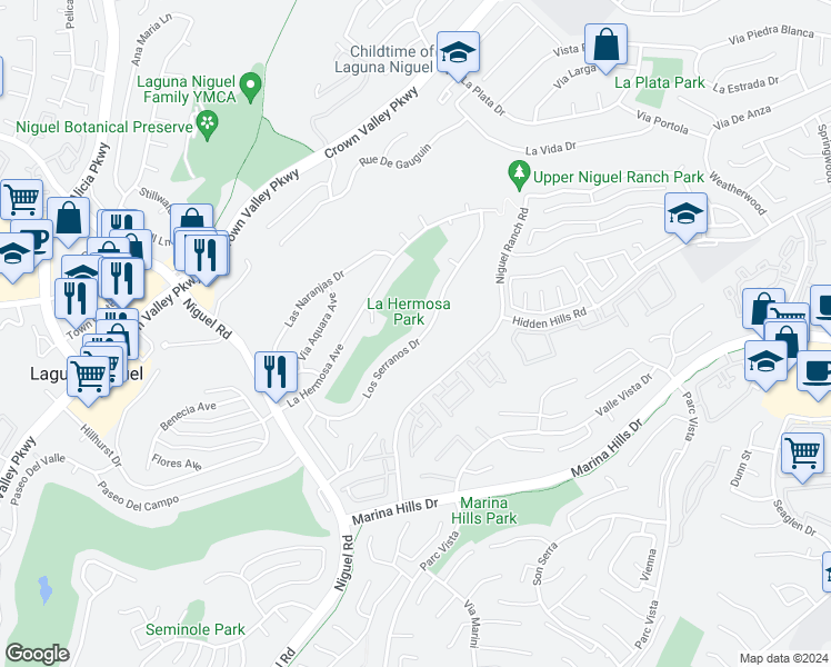 map of restaurants, bars, coffee shops, grocery stores, and more near 24471 Los Serranos Drive in Laguna Niguel