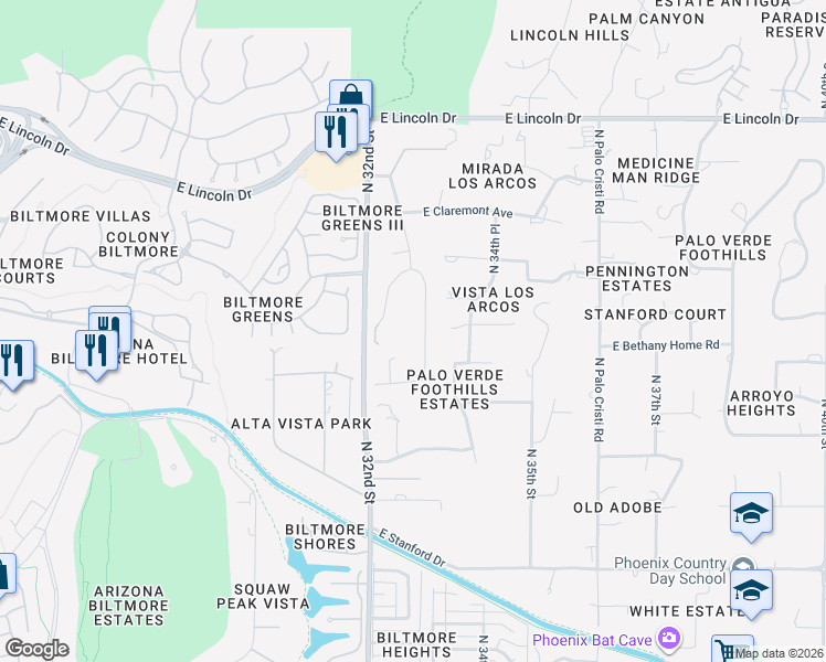 map of restaurants, bars, coffee shops, grocery stores, and more near 5938 N 33rd St in Paradise Valley