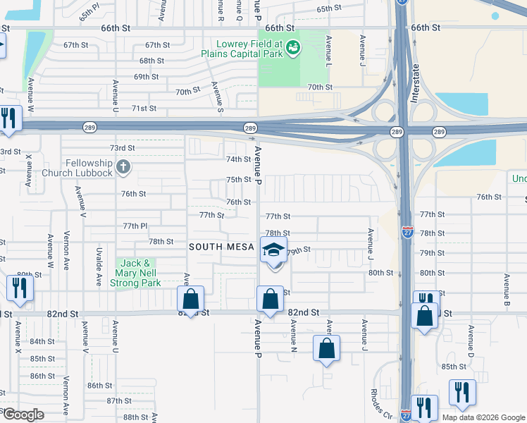 map of restaurants, bars, coffee shops, grocery stores, and more near 1442 77th Street in Lubbock