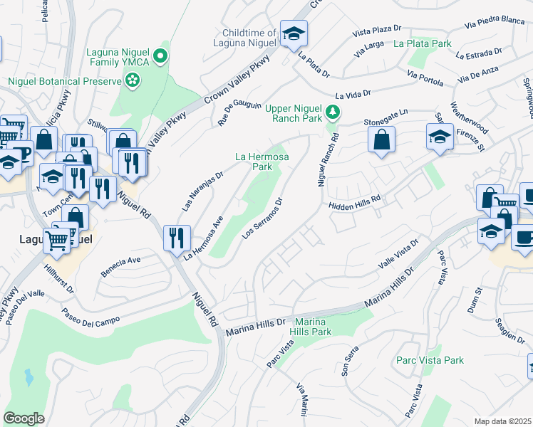 map of restaurants, bars, coffee shops, grocery stores, and more near 24471 Los Serranos Drive in Laguna Niguel