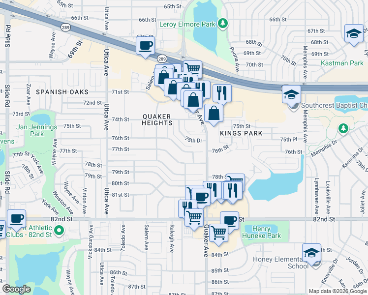 map of restaurants, bars, coffee shops, grocery stores, and more near 4418 76th Street in Lubbock