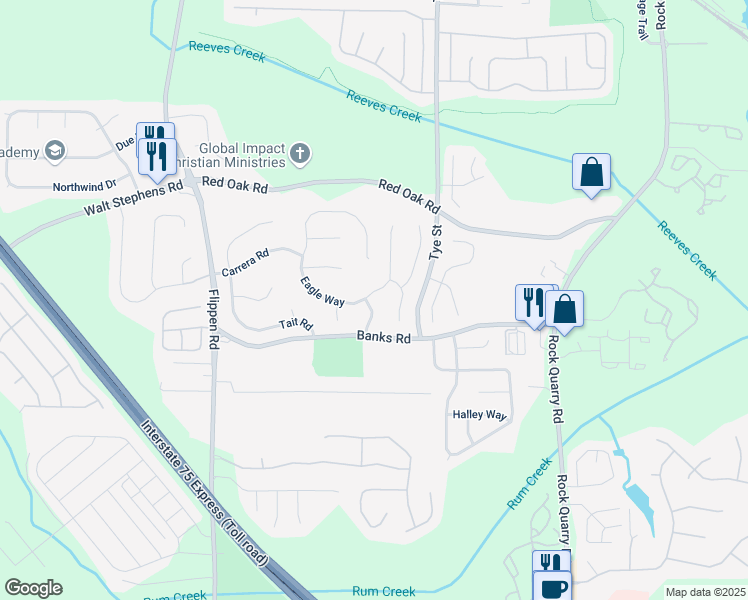 map of restaurants, bars, coffee shops, grocery stores, and more near 264 Eagle Way in Stockbridge