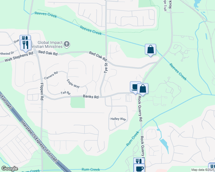 map of restaurants, bars, coffee shops, grocery stores, and more near 142 Brandon Ridge Circle in Stockbridge