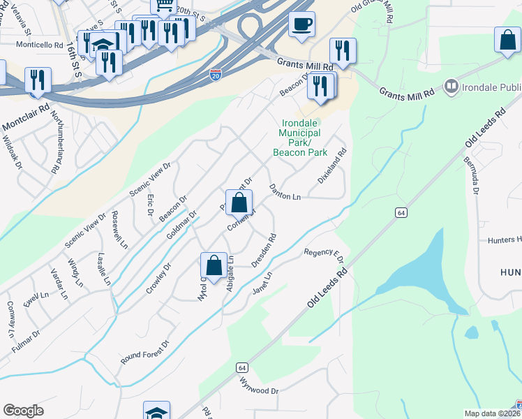 map of restaurants, bars, coffee shops, grocery stores, and more near 5293 Dresden Road in Irondale