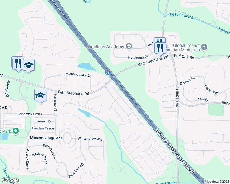map of restaurants, bars, coffee shops, grocery stores, and more near 1501 Buckingham Place in Stockbridge