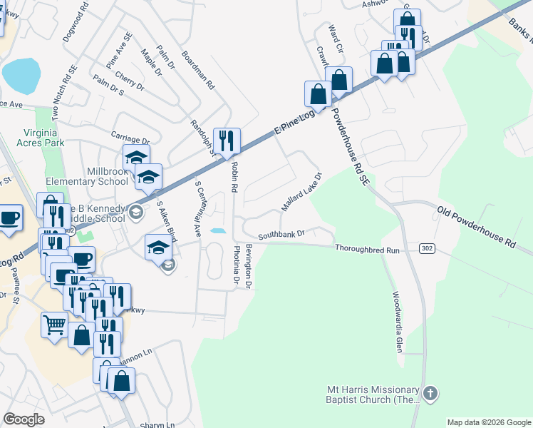 map of restaurants, bars, coffee shops, grocery stores, and more near 265 Mallard Lake Drive in Aiken