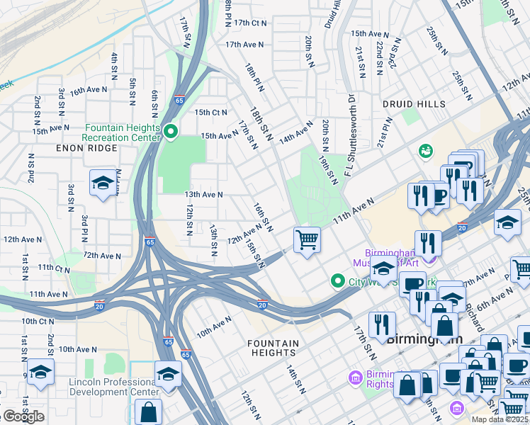 map of restaurants, bars, coffee shops, grocery stores, and more near 1215 16th Street North in Birmingham