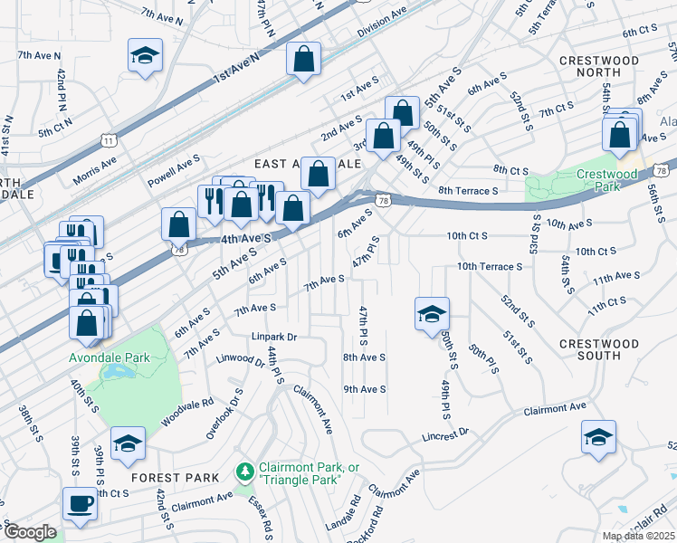 map of restaurants, bars, coffee shops, grocery stores, and more near 4700 7th Avenue in Birmingham