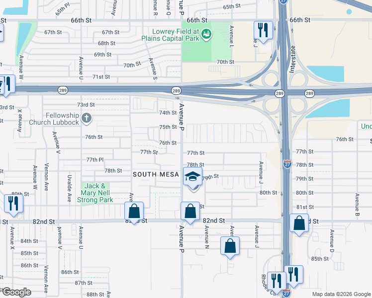 map of restaurants, bars, coffee shops, grocery stores, and more near 1442 77th Street in Lubbock