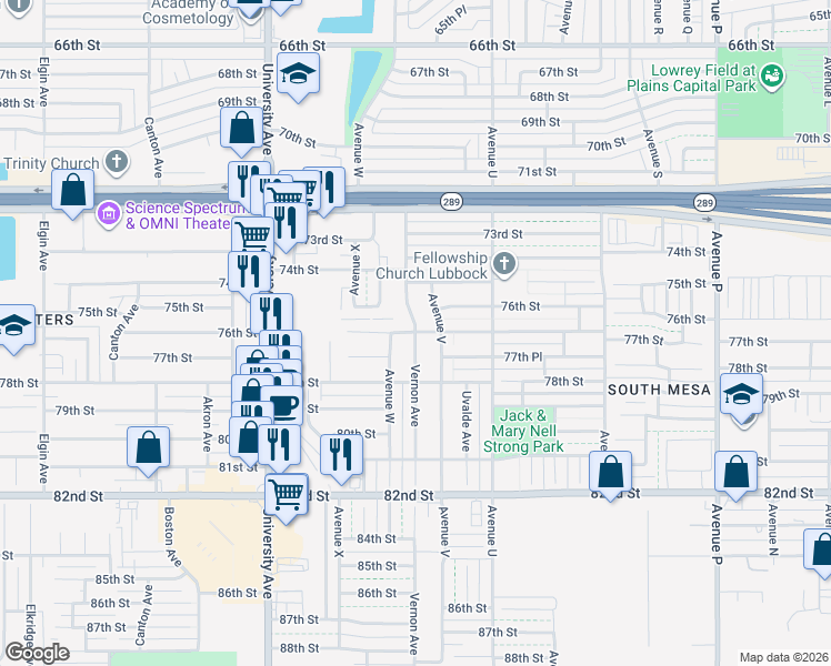 map of restaurants, bars, coffee shops, grocery stores, and more near 7702 Vernon Avenue in Lubbock