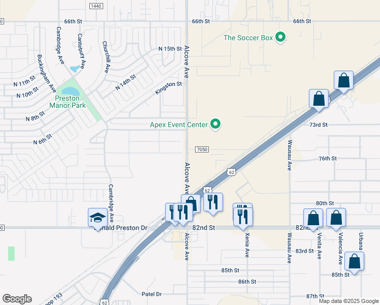 map of restaurants, bars, coffee shops, grocery stores, and more near 7823 County Road 7050 in Lubbock