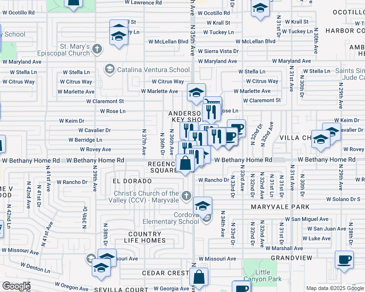 map of restaurants, bars, coffee shops, grocery stores, and more near 3515 West Rovey Avenue in Phoenix