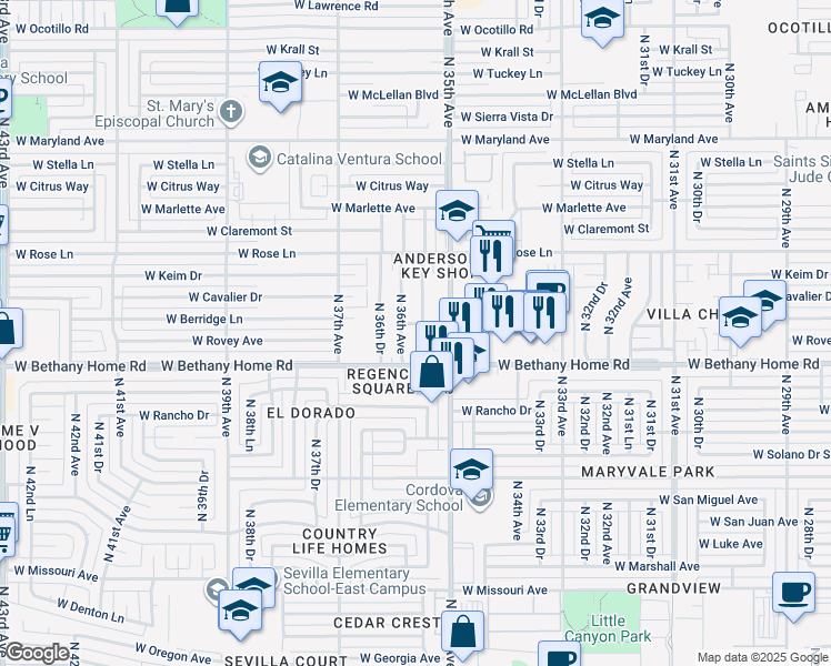 map of restaurants, bars, coffee shops, grocery stores, and more near 3515 West Rovey Avenue in Phoenix