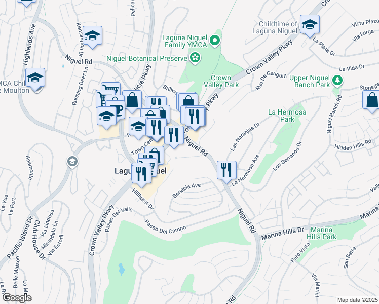 map of restaurants, bars, coffee shops, grocery stores, and more near 30111 Niguel Road in Laguna Niguel