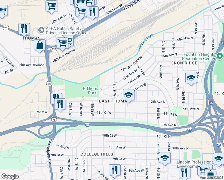 map of restaurants, bars, coffee shops, grocery stores, and more near 1412 3rd St W in Birmingham