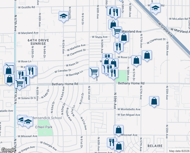 map of restaurants, bars, coffee shops, grocery stores, and more near 6022 North 60th Avenue in Glendale