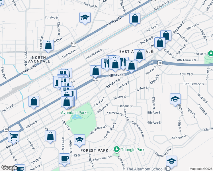 map of restaurants, bars, coffee shops, grocery stores, and more near in Birmingham