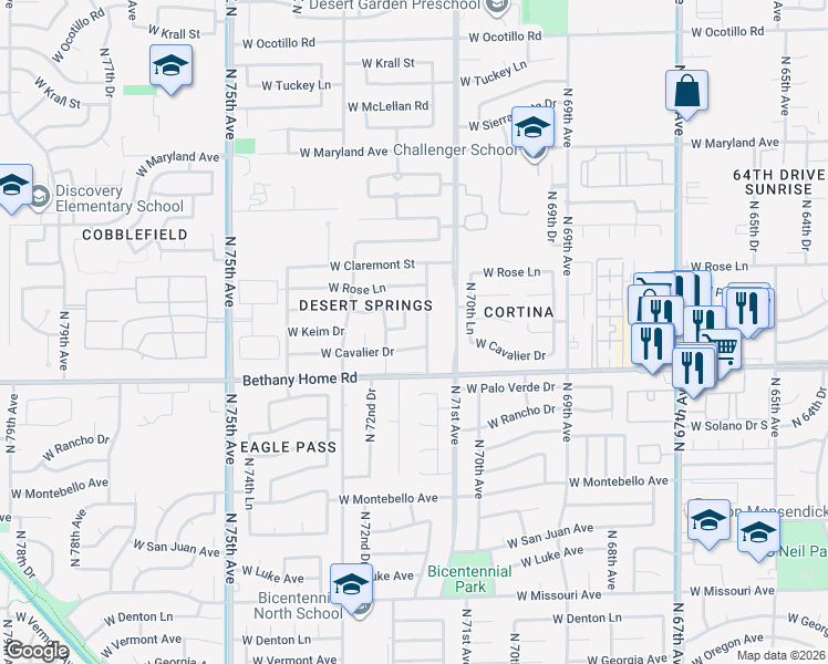 map of restaurants, bars, coffee shops, grocery stores, and more near 6037 North 71st Lane in Glendale