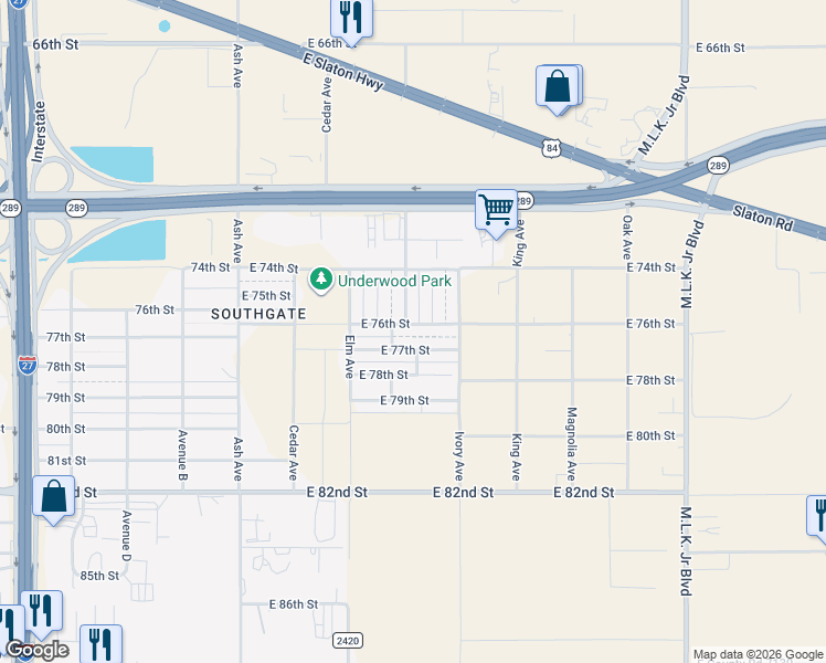 map of restaurants, bars, coffee shops, grocery stores, and more near 708 E 76th St in Lubbock