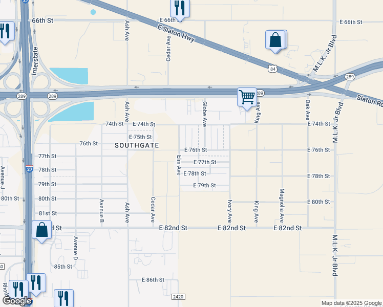 map of restaurants, bars, coffee shops, grocery stores, and more near 510 E 76th St in Lubbock