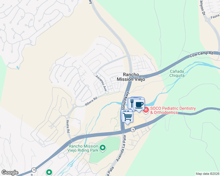 map of restaurants, bars, coffee shops, grocery stores, and more near 16 Ascenso Avenue in San Juan Capistrano