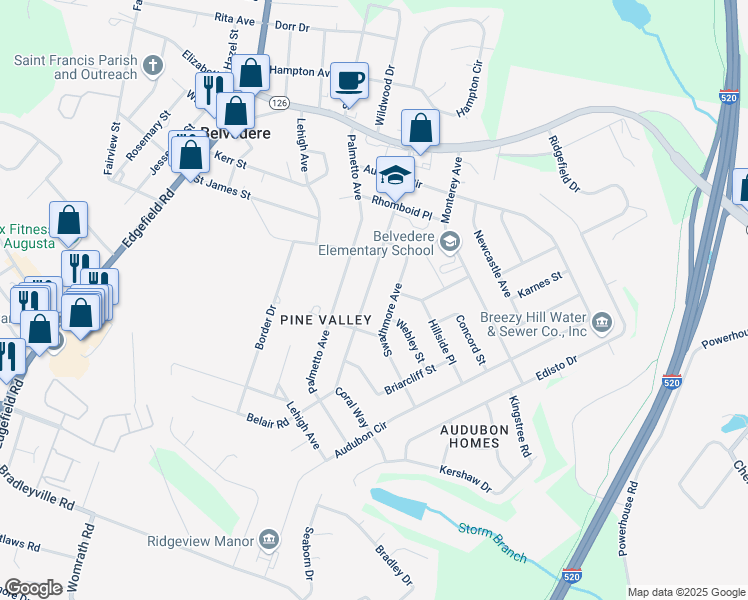 map of restaurants, bars, coffee shops, grocery stores, and more near 134 Belair Road in North Augusta
