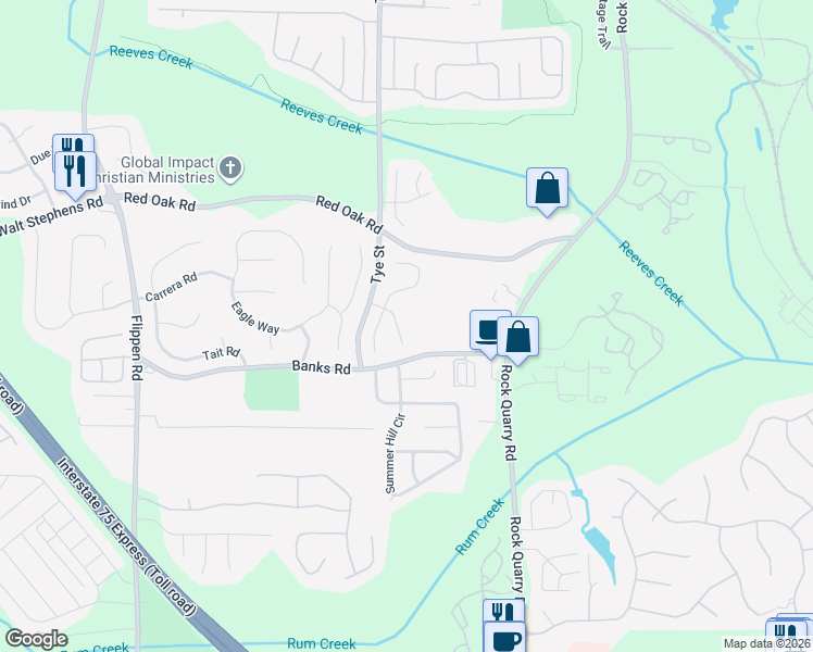 map of restaurants, bars, coffee shops, grocery stores, and more near 55 Bridlewood Court in Stockbridge
