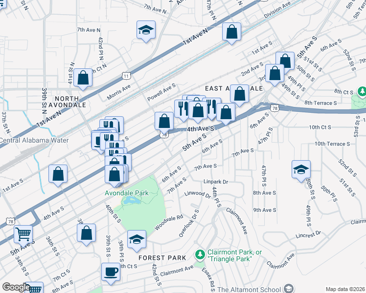 map of restaurants, bars, coffee shops, grocery stores, and more near 4328 5th Avenue South in Birmingham
