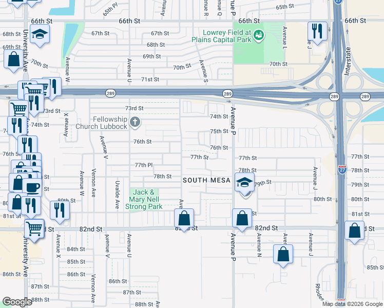 map of restaurants, bars, coffee shops, grocery stores, and more near 1814 77th Street in Lubbock