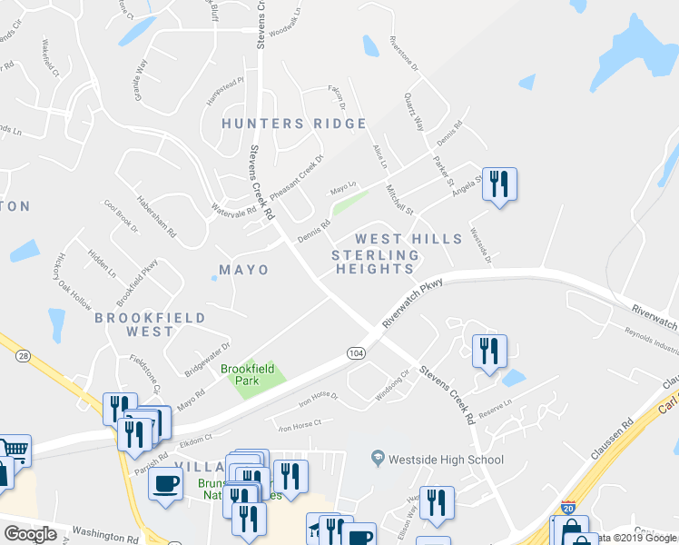map of restaurants, bars, coffee shops, grocery stores, and more near 3036 Sterling Road in Augusta