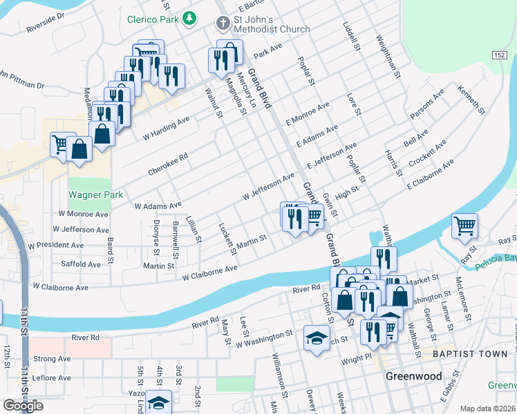 map of restaurants, bars, coffee shops, grocery stores, and more near 303 Walnut Street in Greenwood