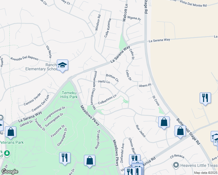 map of restaurants, bars, coffee shops, grocery stores, and more near 31476 Sonoma Lane in Temecula
