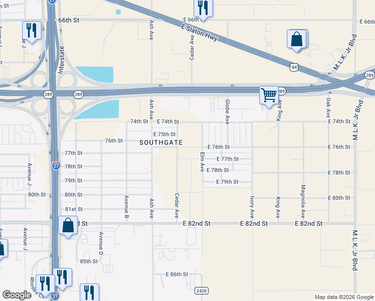 map of restaurants, bars, coffee shops, grocery stores, and more near 7417 Elm Avenue in Lubbock