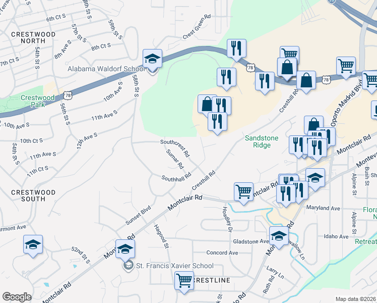 map of restaurants, bars, coffee shops, grocery stores, and more near 5932 Southcrest Road in Birmingham