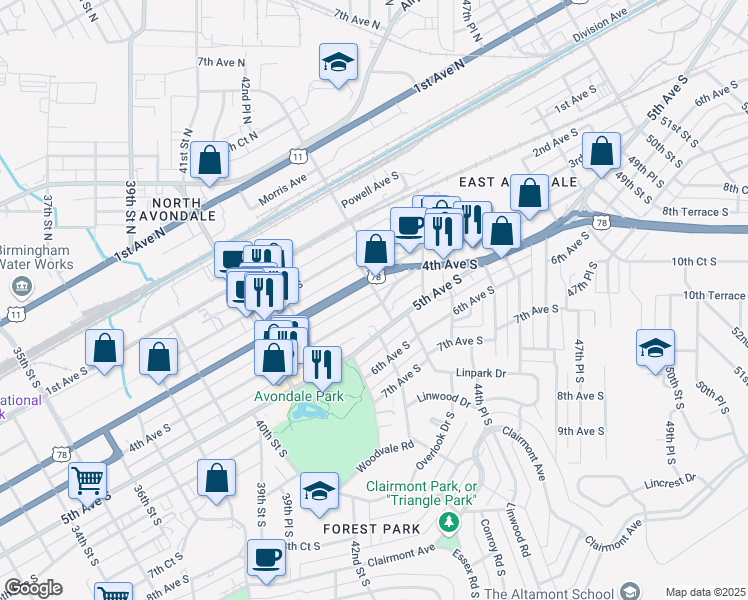 map of restaurants, bars, coffee shops, grocery stores, and more near 4274 4th Avenue South in Birmingham