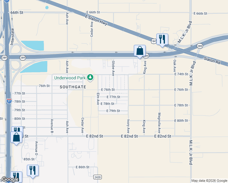 map of restaurants, bars, coffee shops, grocery stores, and more near 708 E 76th St in Lubbock