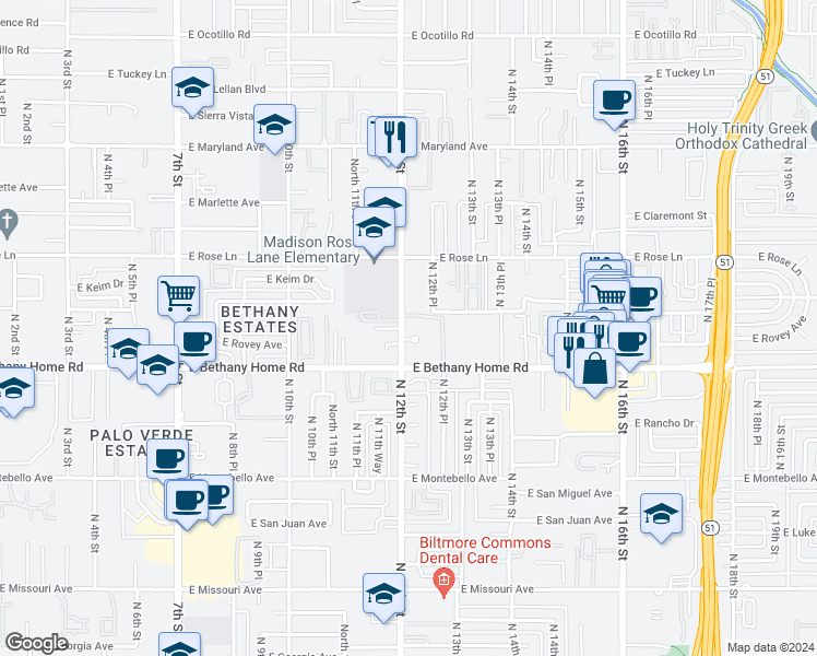map of restaurants, bars, coffee shops, grocery stores, and more near 1204 East Bethany Home Road in Phoenix