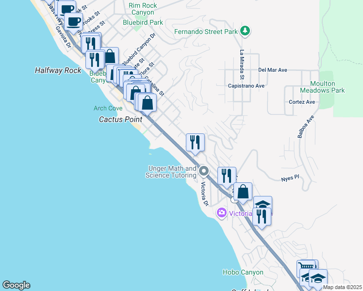 map of restaurants, bars, coffee shops, grocery stores, and more near 222 Arch Street in Laguna Beach
