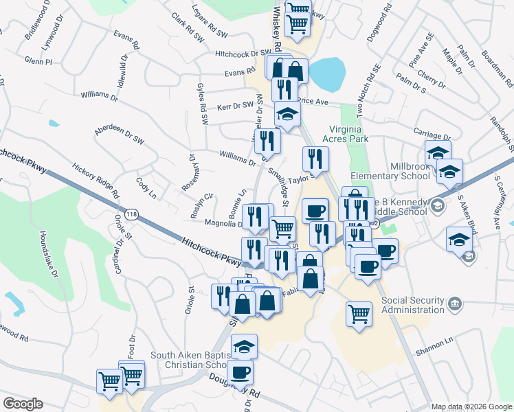 map of restaurants, bars, coffee shops, grocery stores, and more near 219 Silver Bluff Road in Aiken
