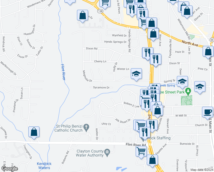 map of restaurants, bars, coffee shops, grocery stores, and more near 643 Sycamore Drive in Jonesboro