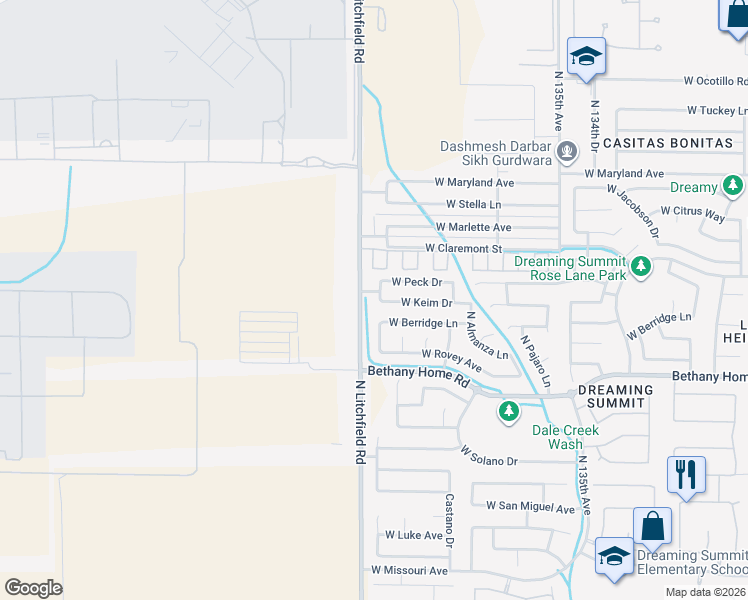 map of restaurants, bars, coffee shops, grocery stores, and more near 6126 North Laguna Drive in Litchfield Park