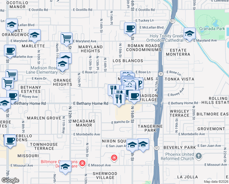 map of restaurants, bars, coffee shops, grocery stores, and more near 6040 North 15th Street in Phoenix