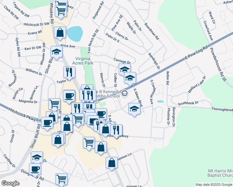 map of restaurants, bars, coffee shops, grocery stores, and more near 232 East Pine Log Road in Aiken