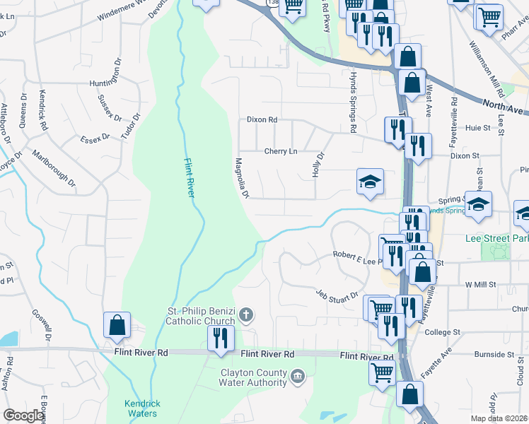 map of restaurants, bars, coffee shops, grocery stores, and more near 575 Sycamore Drive in Jonesboro