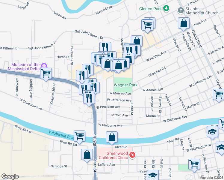 map of restaurants, bars, coffee shops, grocery stores, and more near 503 Wagner Street in Greenwood