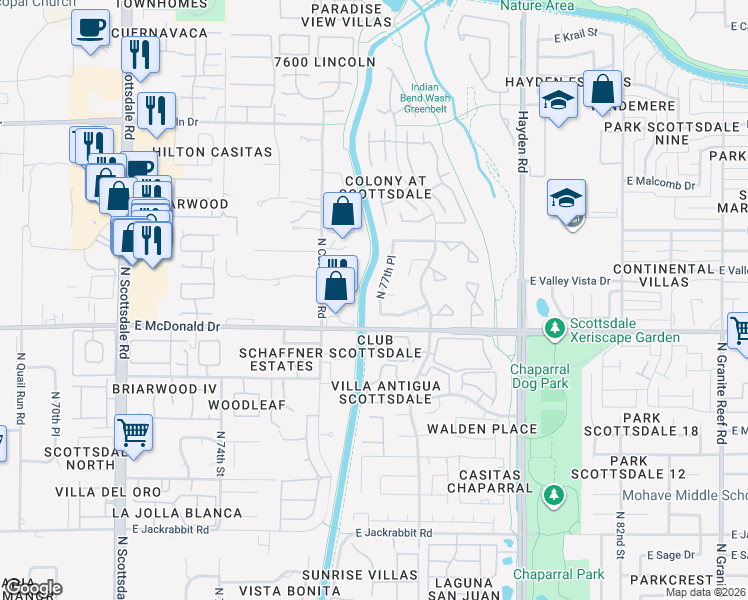 map of restaurants, bars, coffee shops, grocery stores, and more near 6020 North 77th Place in Scottsdale