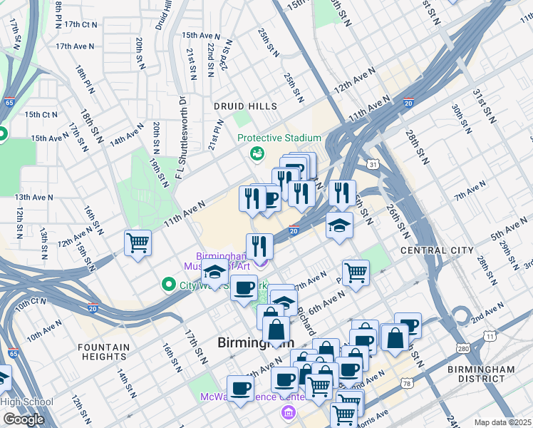 map of restaurants, bars, coffee shops, grocery stores, and more near 950 22nd Street North in Birmingham