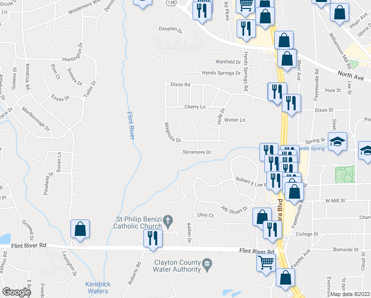 map of restaurants, bars, coffee shops, grocery stores, and more near 581 Sycamore Drive in Jonesboro