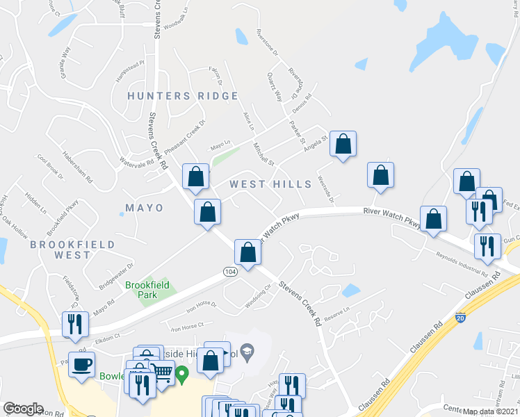 map of restaurants, bars, coffee shops, grocery stores, and more near 3012 Sterling Road in Augusta