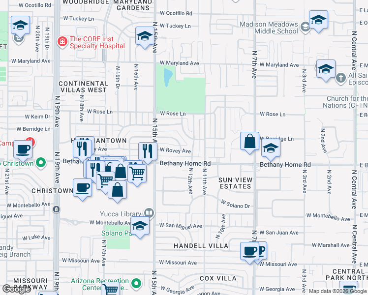 map of restaurants, bars, coffee shops, grocery stores, and more near 1302 West Rovey Avenue in Phoenix